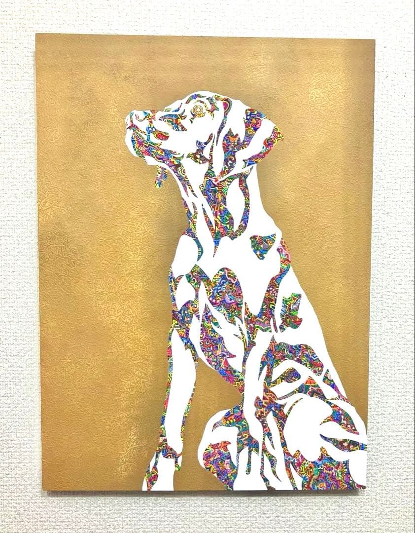 原画　犬　動物画　絵画　アクリル画　現代アート　細密画　手描き　一点物