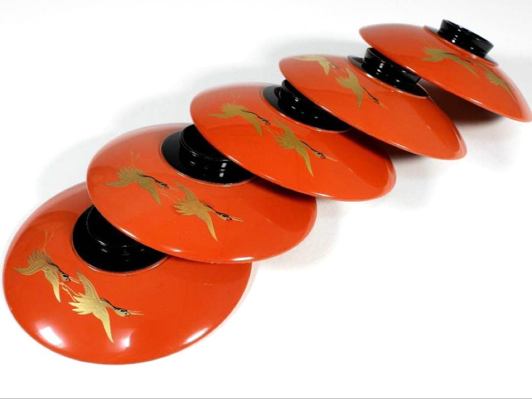 金蒔絵 千羽鶴 煮物椀 5客 木製漆器 天然木 輪島金沢能登 汁椀　蓋碗