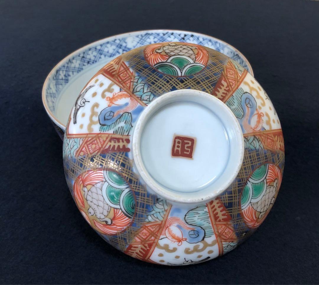 《レ》伊万里 錦手 蓋茶碗8客 金彩 時代 木箱　251104う3