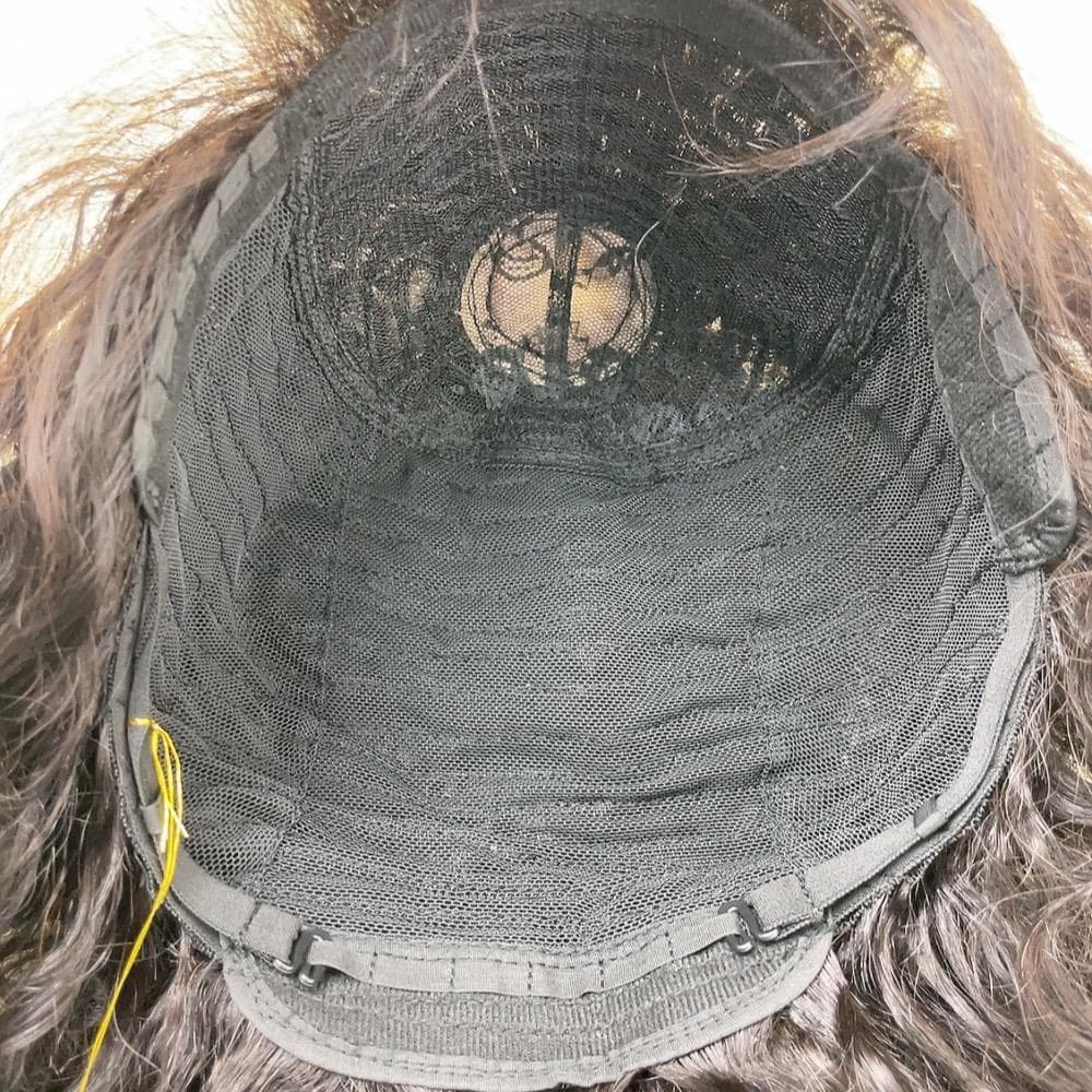 人毛100%フルウィッグ 医療用 ミディアム ウェーブ カール ブラックブラウン