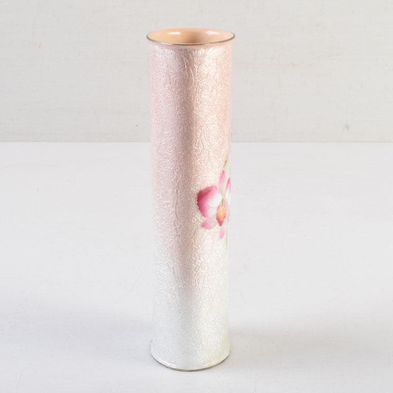 七宝焼　桃釉　花文　花瓶　箱付　V　9150