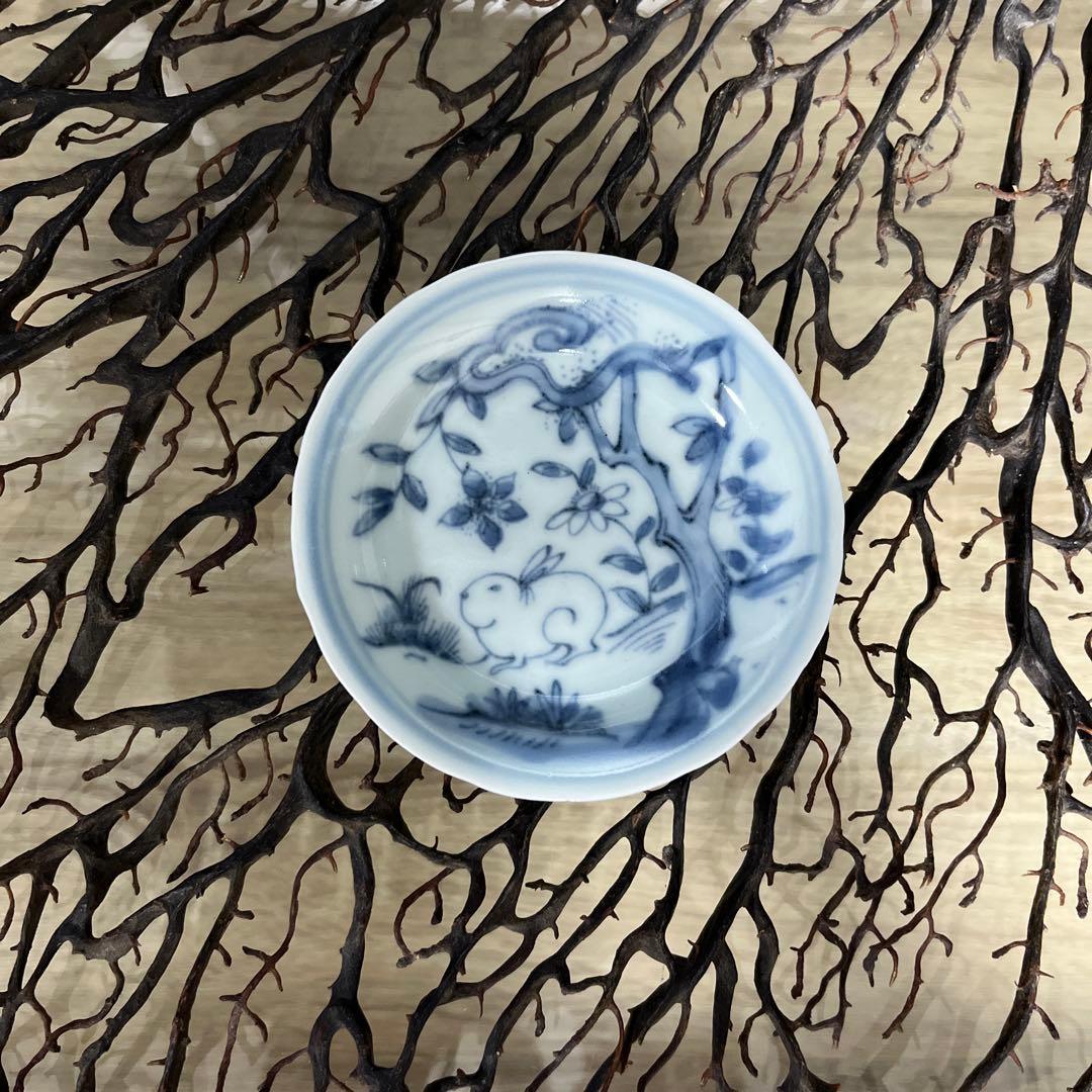 骨董　古伊万里　九谷　染付　角福　花木　丸兎　兎図案　波フチ　豆皿　手塩皿１客