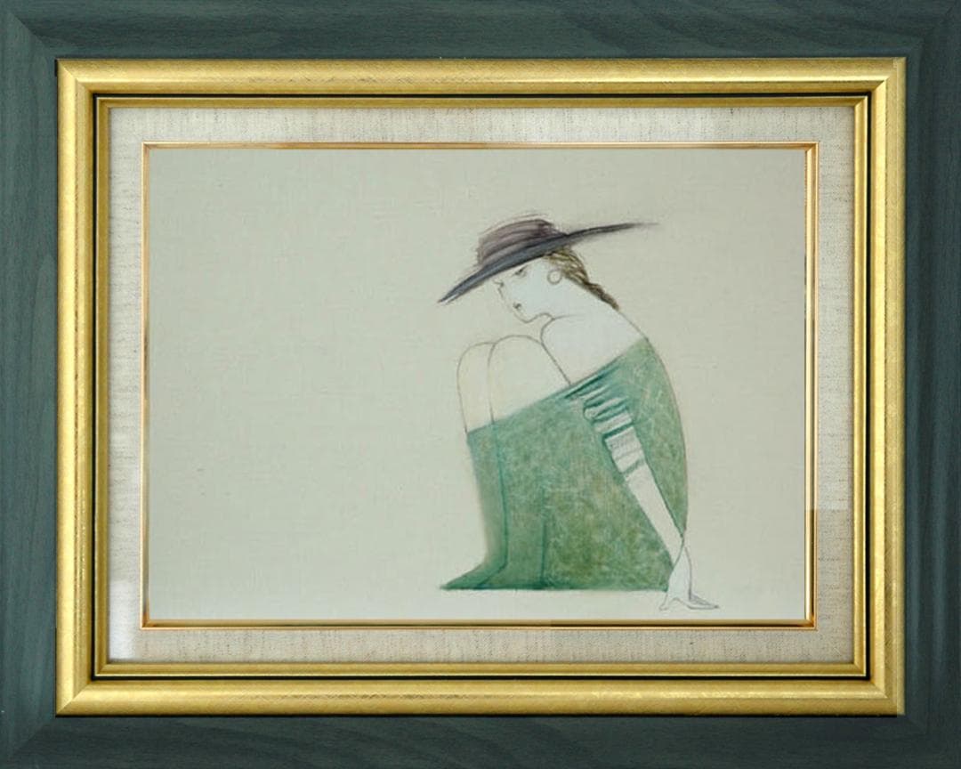 油絵 菅家令子 絵 絵画インテリア額付(青緑＋金色の枠) F4-072012女性