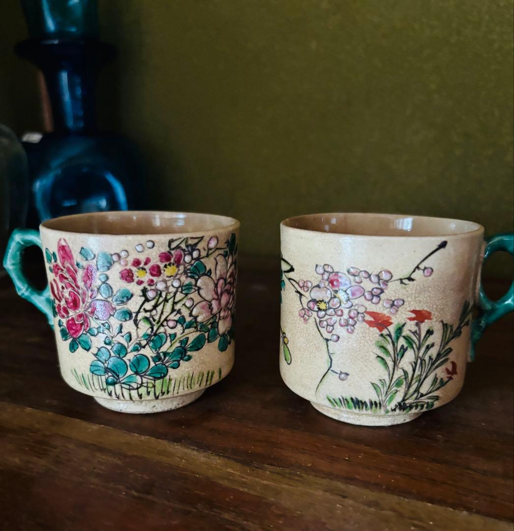 薩摩焼　銘あり　里帰り品　手描き　カップ＆ソーサー　希少　アンティーク