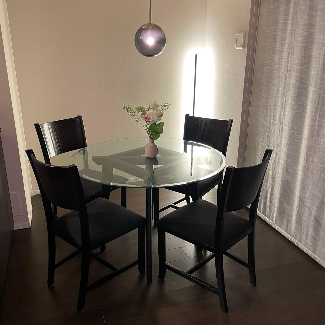 直径110cmガラスラウンド ダイニングテーブル & ダイニングチェア4脚セット