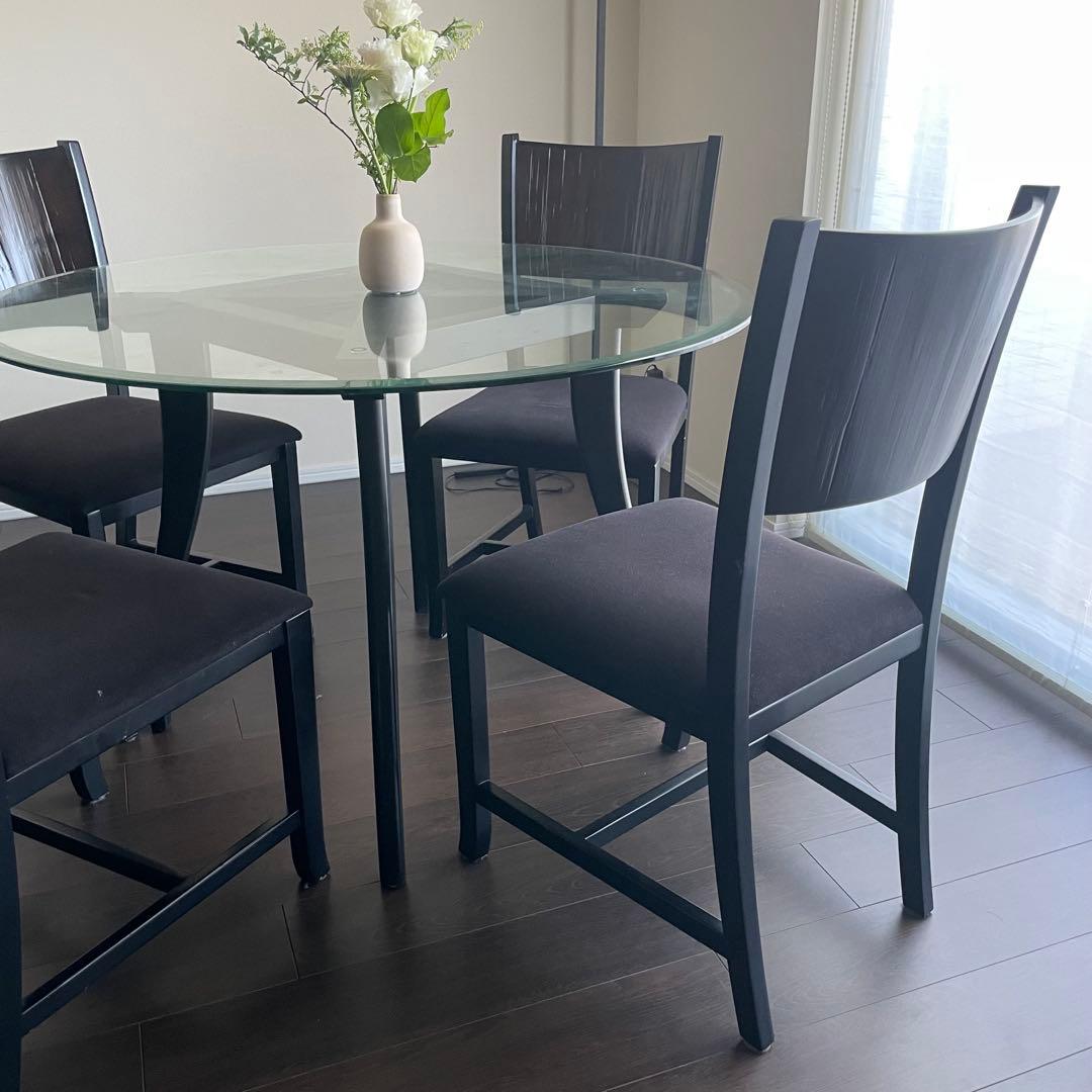 直径110cmガラスラウンド ダイニングテーブル & ダイニングチェア4脚セット