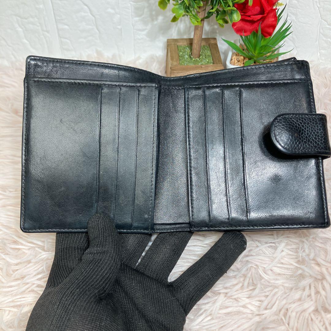 大人気 CHANEL 二つ折り財布 ココマーク キャビアスキン レザー Wホック