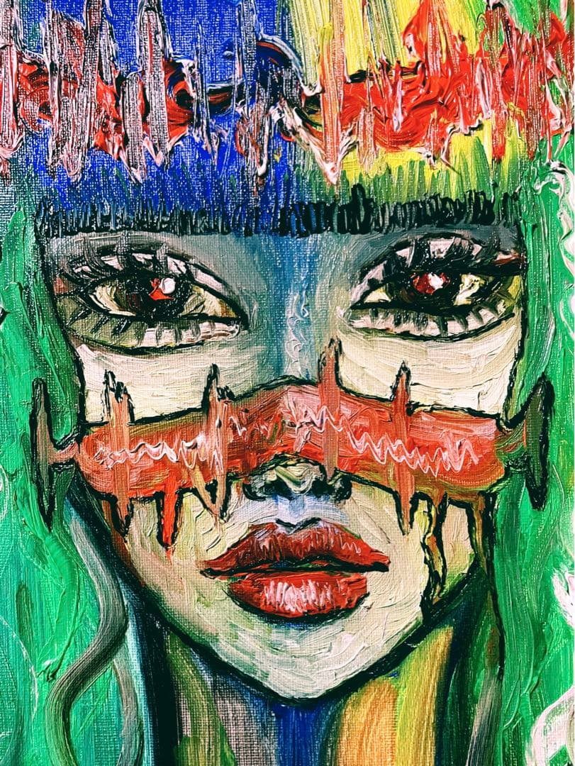 一点物 油絵 緑 女性 黒 キャンバス