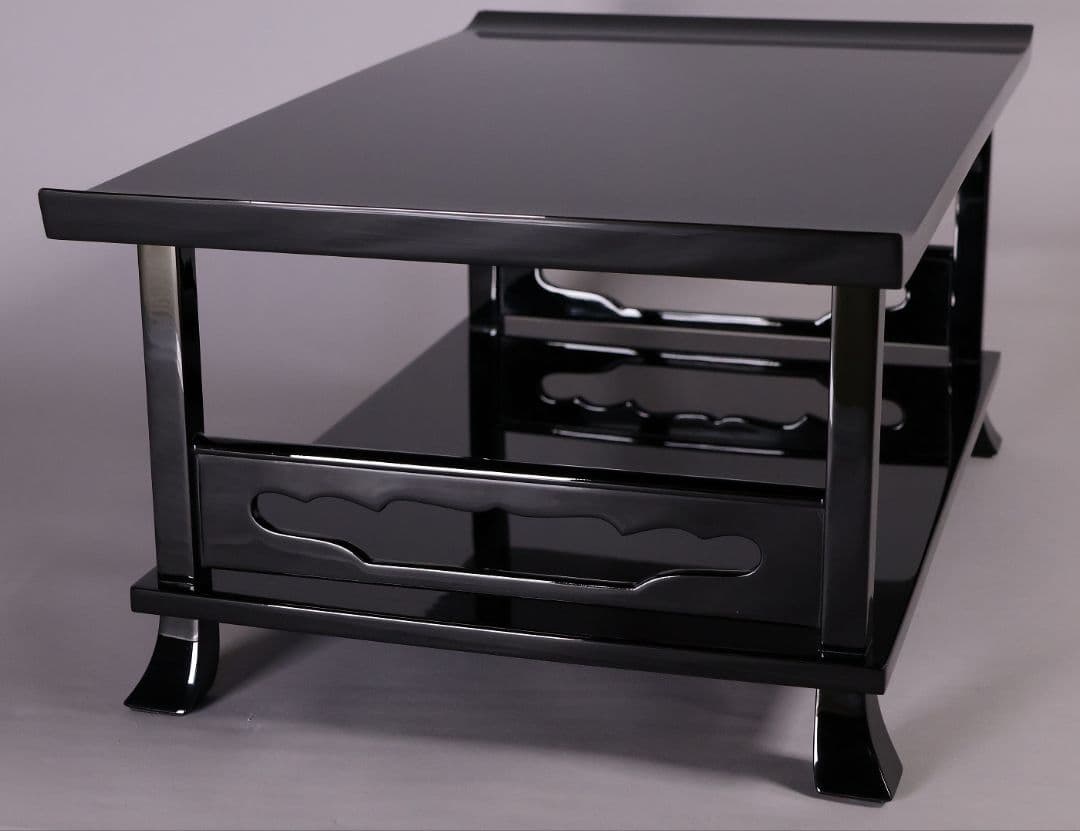 輪島塗 黒塗 二段卓 冠卓 幅52.7×32cm 木製 花台 漆芸【MA938】