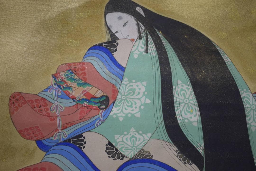 模写/鏑木清方/紫式部/画賛/盆栽/人物図/布袋屋掛軸HJ-31