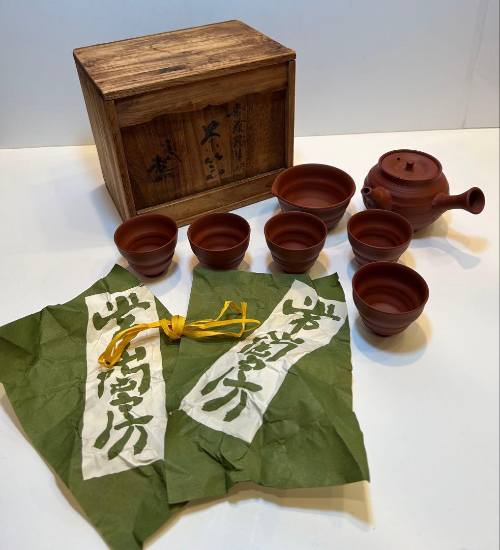 三代目　山田常山 常滑焼 朱泥茶器揃 急須 湯冷 湯呑 5客 人間国宝