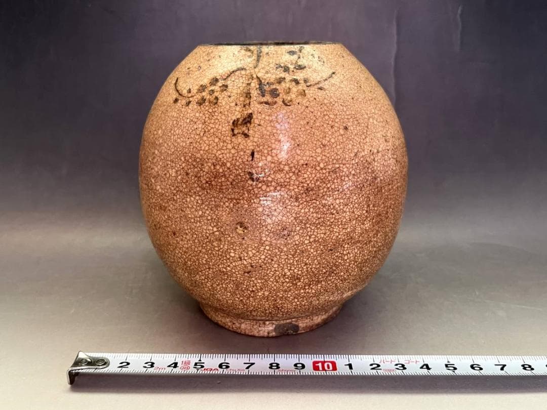 壷■古萩貫入花唐草紋丸壺（江戸期）時代物 古い花瓶 花器 古美術 骨董品■