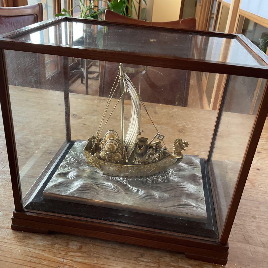 銀製 刻印 宝船 船重量 約346g 置物 ガラスケース付