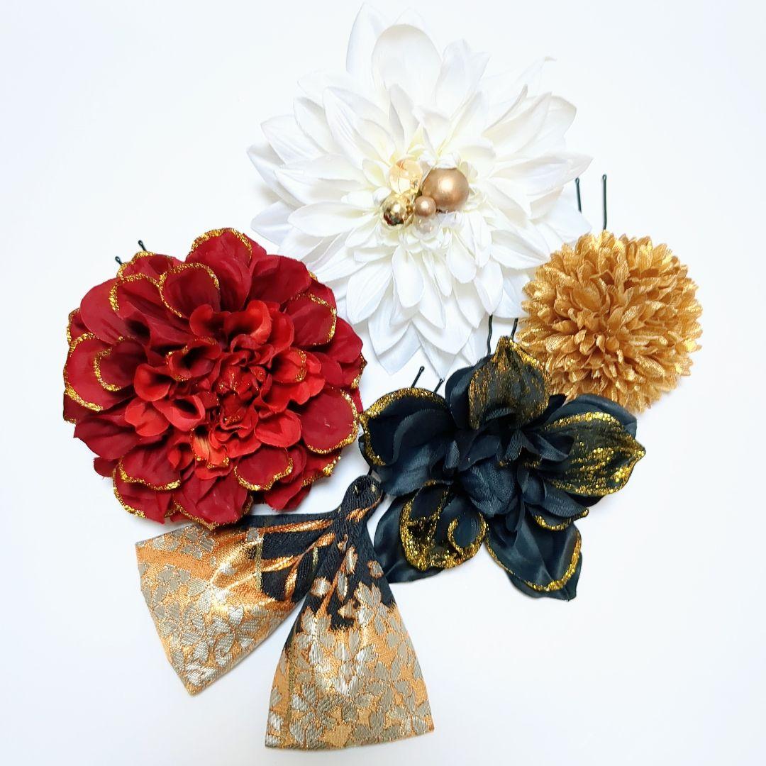 髪飾りViVi～白黒赤金・簪&扇子付き和飾り～成人式 結婚式 花魁 かんざし