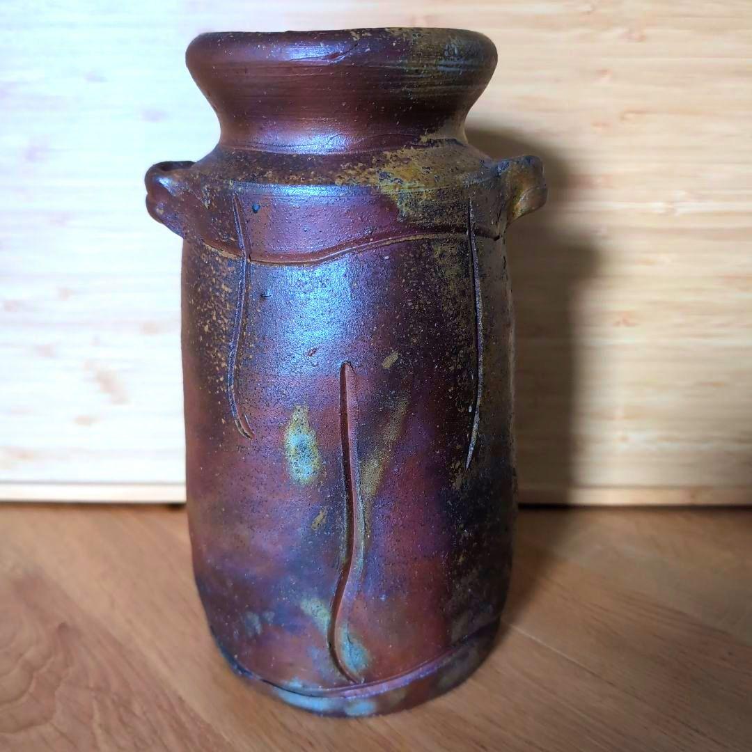 備前焼 伊勢崎満造 耳付花生 花器 花瓶 花入 共箱