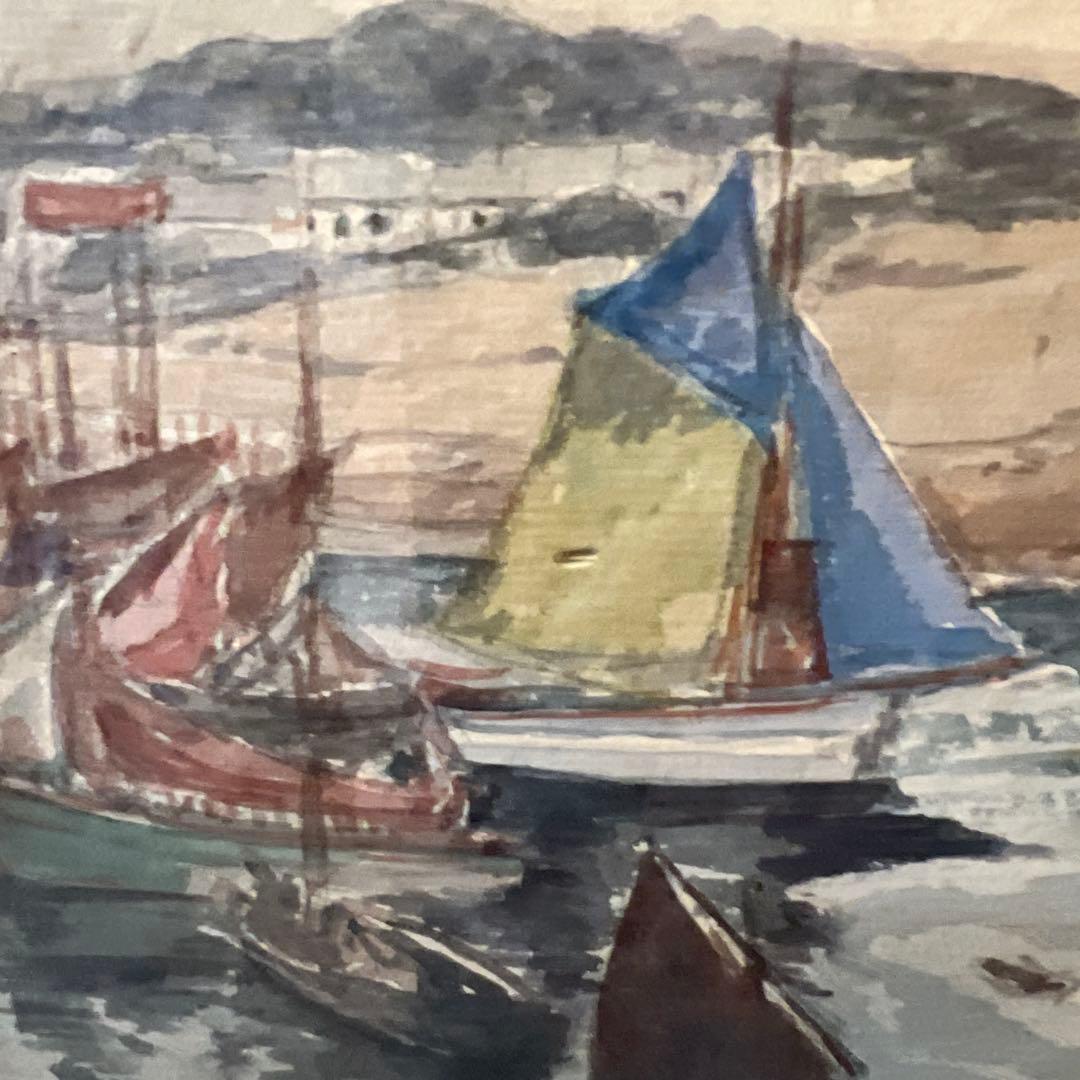 満谷国四郎　 K. Mitsutani 港の風景 水彩画