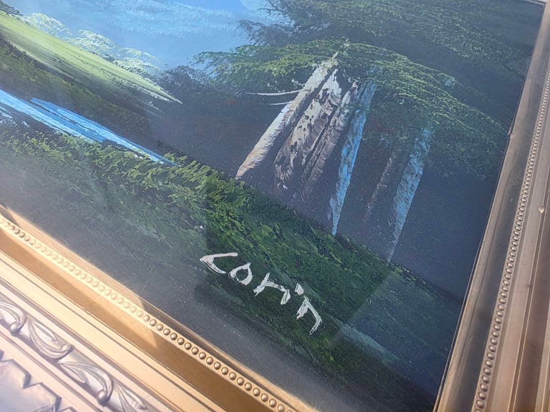 油絵　風景画　額装付き　corin 静かな川と森から観る快晴の山岳