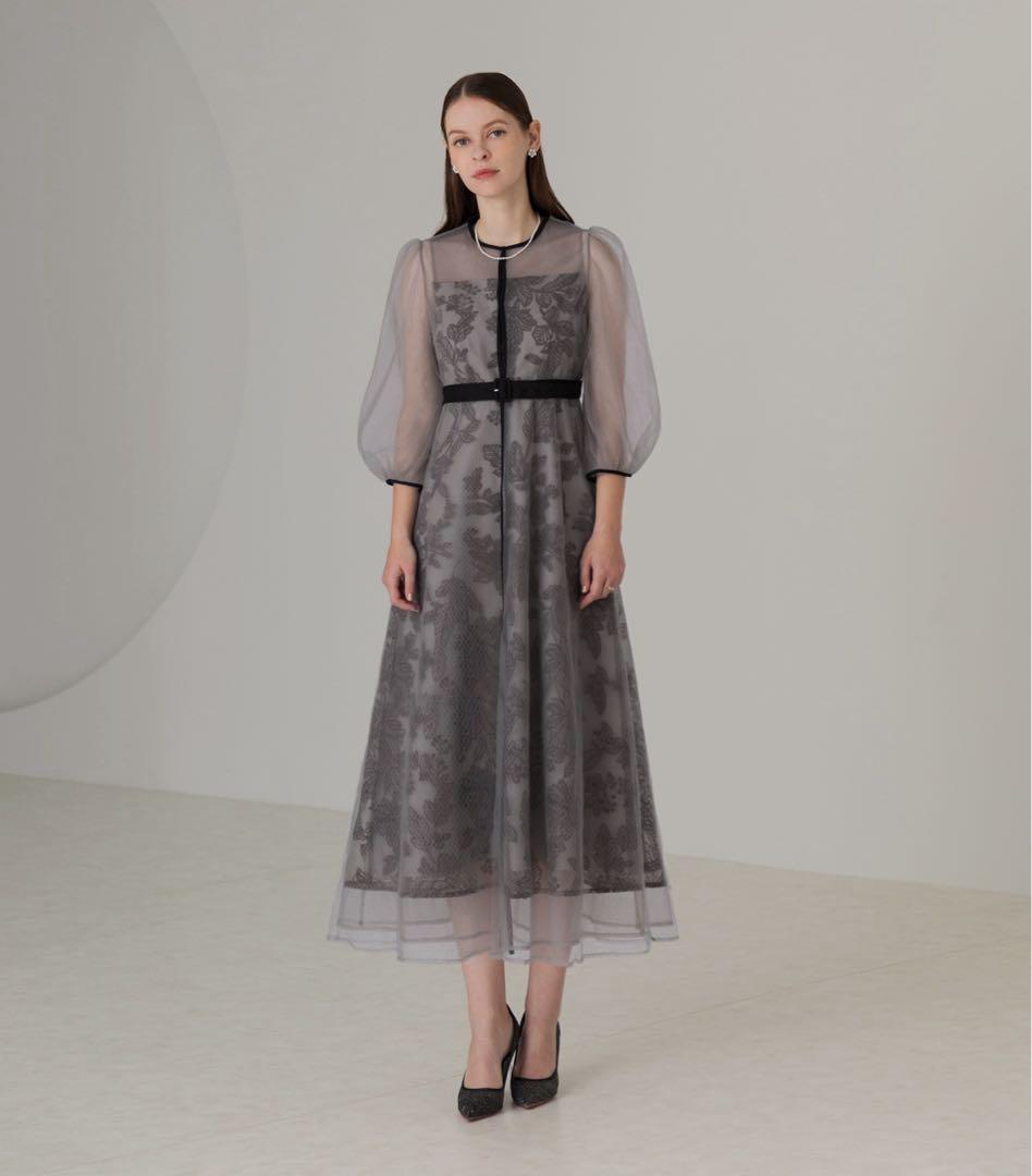 【LEJA】チュールパイピングリーフベルトAラインドレスワンピース 2点セット