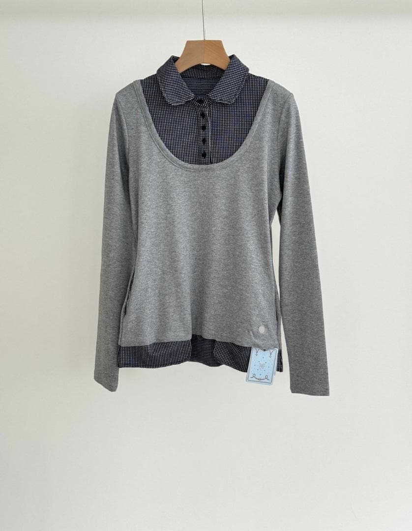 COYSEIO重ね着風グレー長袖ポロシャツ