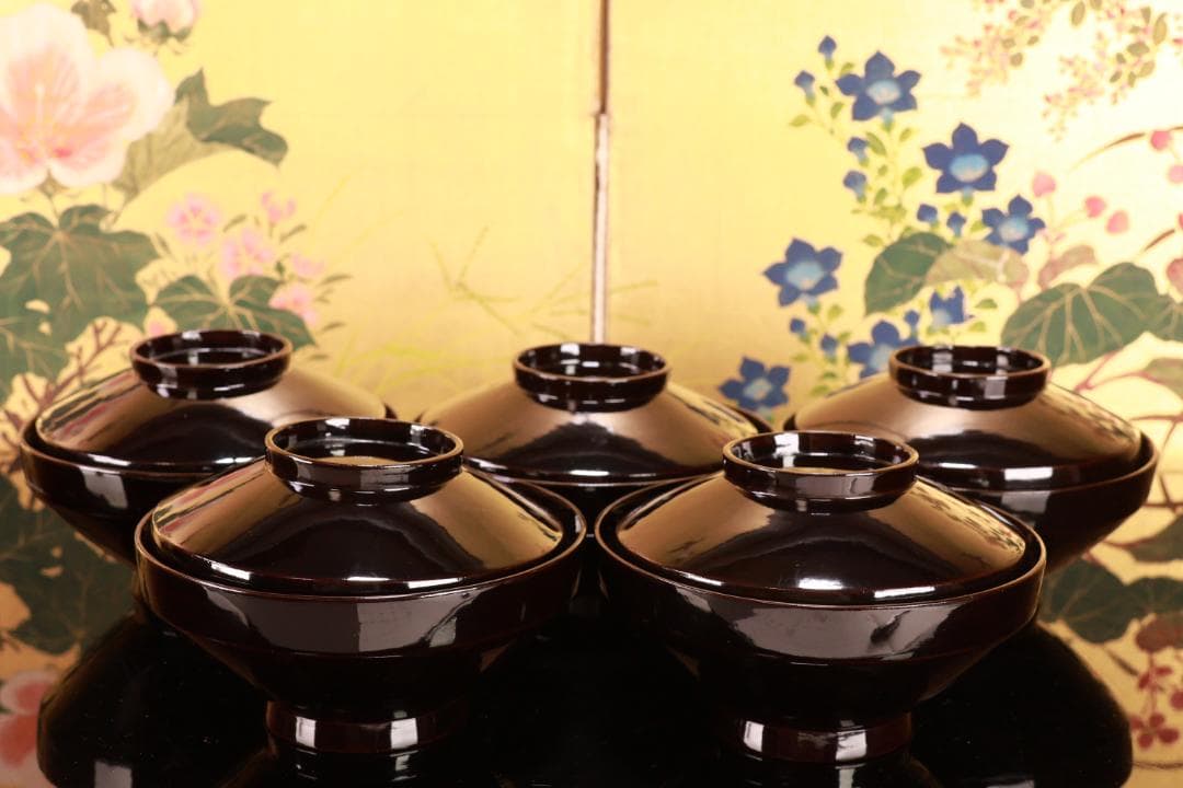 コーヒーじいさん専用　BJ021 時代輪島塗　波に雲上富士図金蒔絵　吸物椀　五客