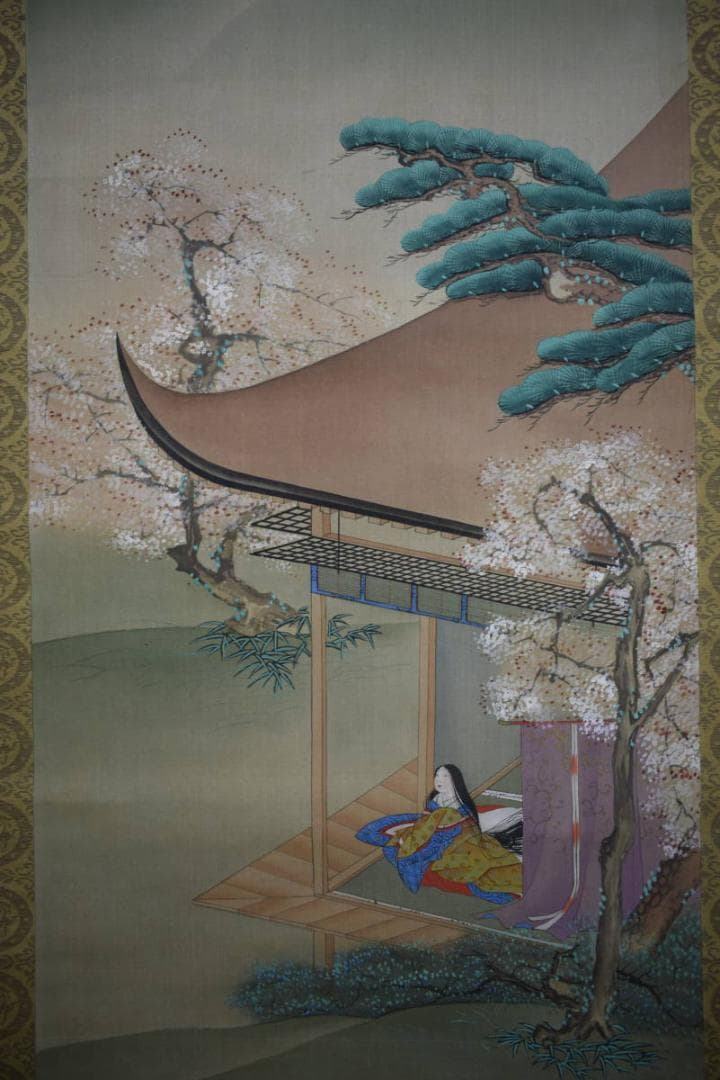 /土佐光起/大和絵/人物図/桜花/紅葉/双幅/杉塗箱付/布袋屋掛軸HJ-474