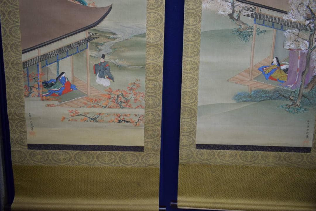 /土佐光起/大和絵/人物図/桜花/紅葉/双幅/杉塗箱付/布袋屋掛軸HJ-474