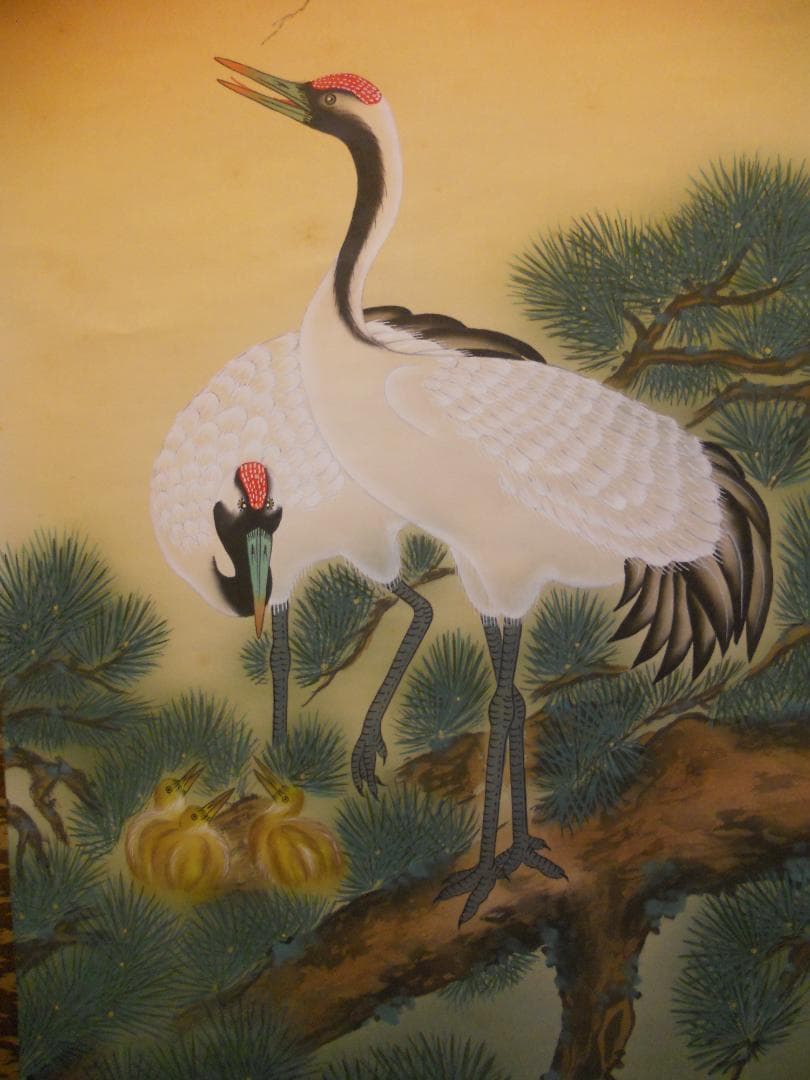 掛け軸 華陽 巣籠り松鶴図 絹本 希少 軸装 茶道具 掛軸 美品 です。