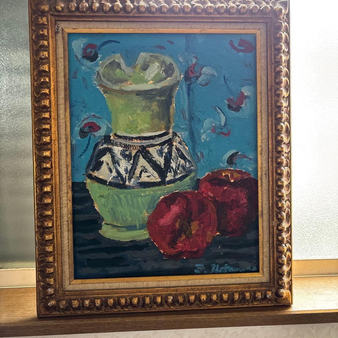 花瓶とリンゴの油彩画