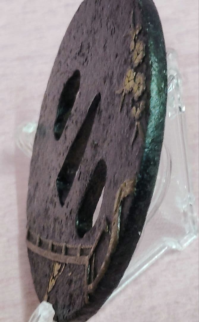 刀装具 鐔 鍔 無銘 鉄地 金象嵌 色絵 庭園 桜図 丸形鐔 時代物