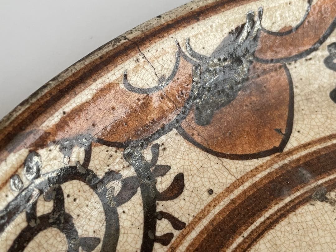 骨董　アンティーク　絵瀬戸　絵志野　鳳凰唐草文様　行燈皿　丸皿　石皿　瀬戸