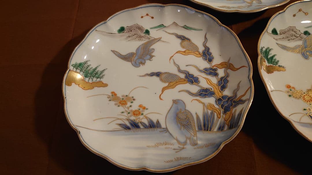古伊万里　伊万里　大聖寺伊万里　大皿　金襴手　鳥の図　江戸期　3客