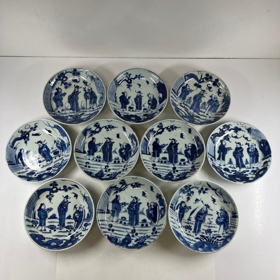 中国明末清朝期　古染付人物画中皿19枚　木箱　約16.5㎝東Y7-0723⭐︎2F