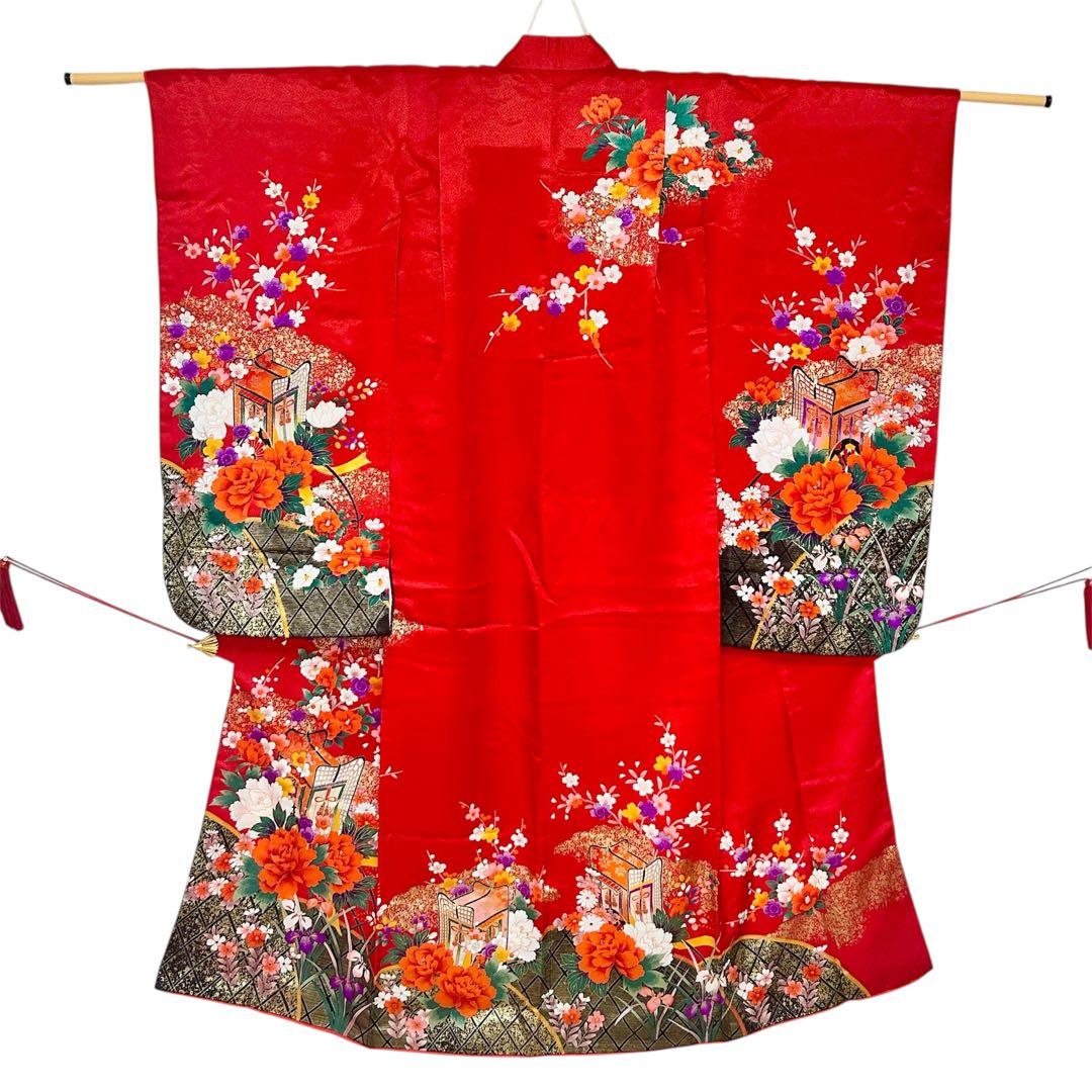 着物　七五三　7歳　女の子　13点　フルセット　赤　御所車　花文　吉祥文様