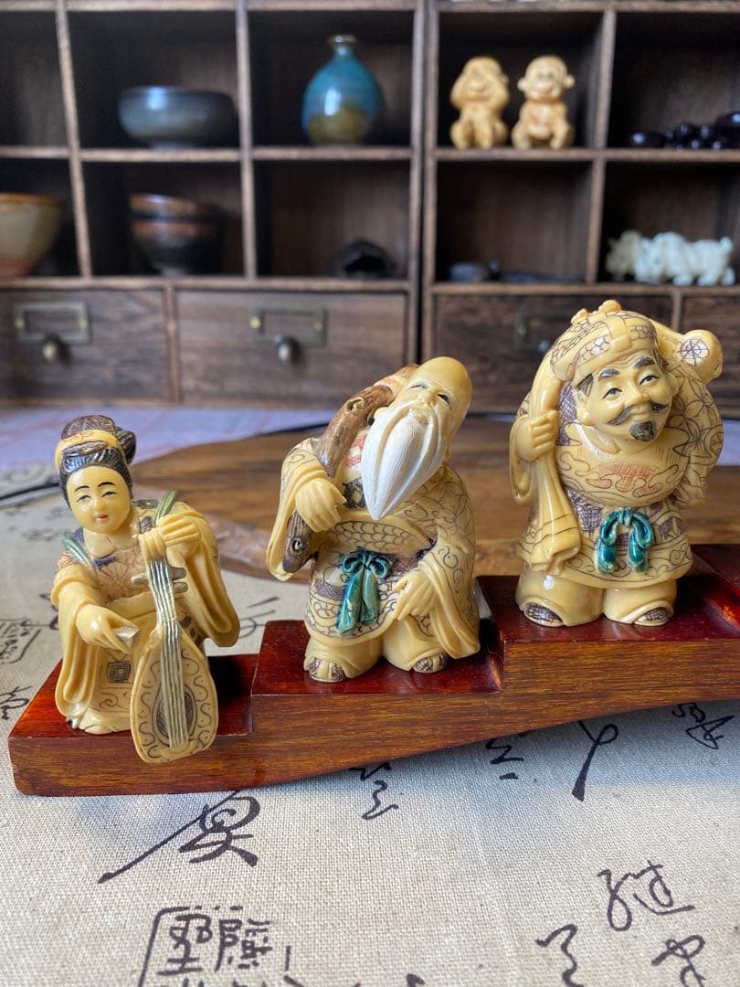 時代物　七福神 置物 山口 在銘有り 台座幅40.5cm 細密彫刻 開運 縁起物