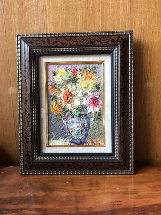 【真筆】渡部ひでき作　油絵『薔薇』 油彩　厚塗り画の迫力　額縁付　静物画　送料込