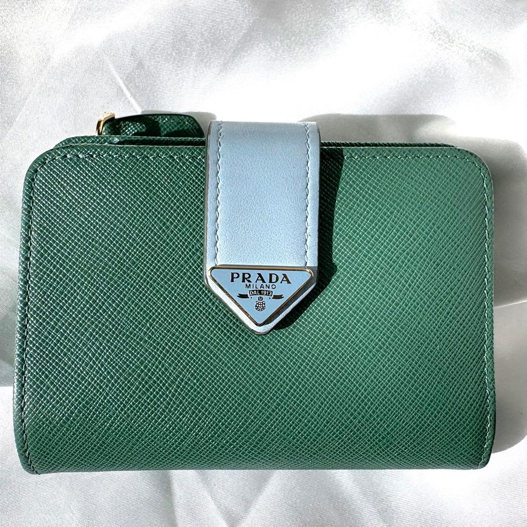 極美品/現行✨ プラダ 折り財布 三角ロゴ バイカラー サフィアーノレザー