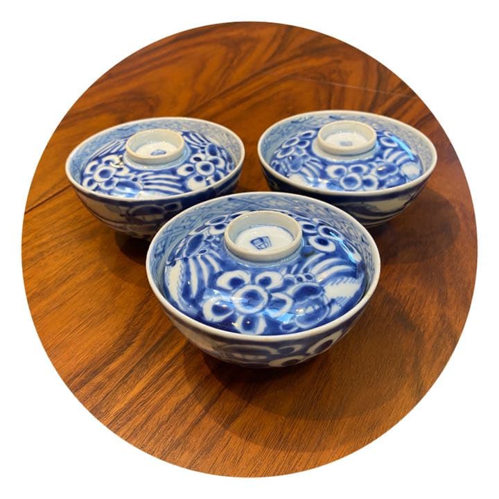 古伊万里染付蓋付き飯茶碗　3個セット