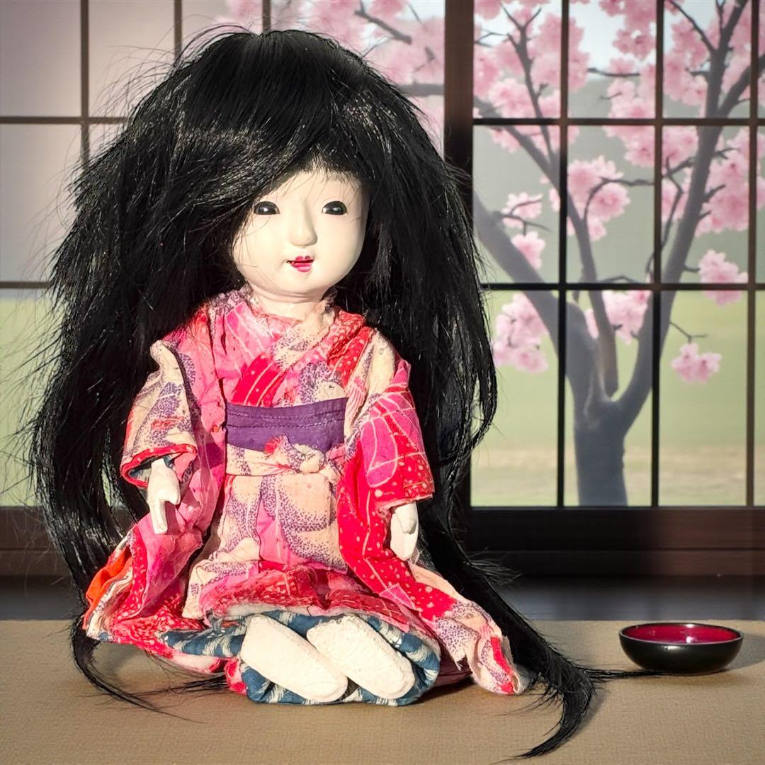 市松人形 明治後期 市印 朱印 三つ折れ 単色黒目 ガラス目 縮緬 着物 伝統工