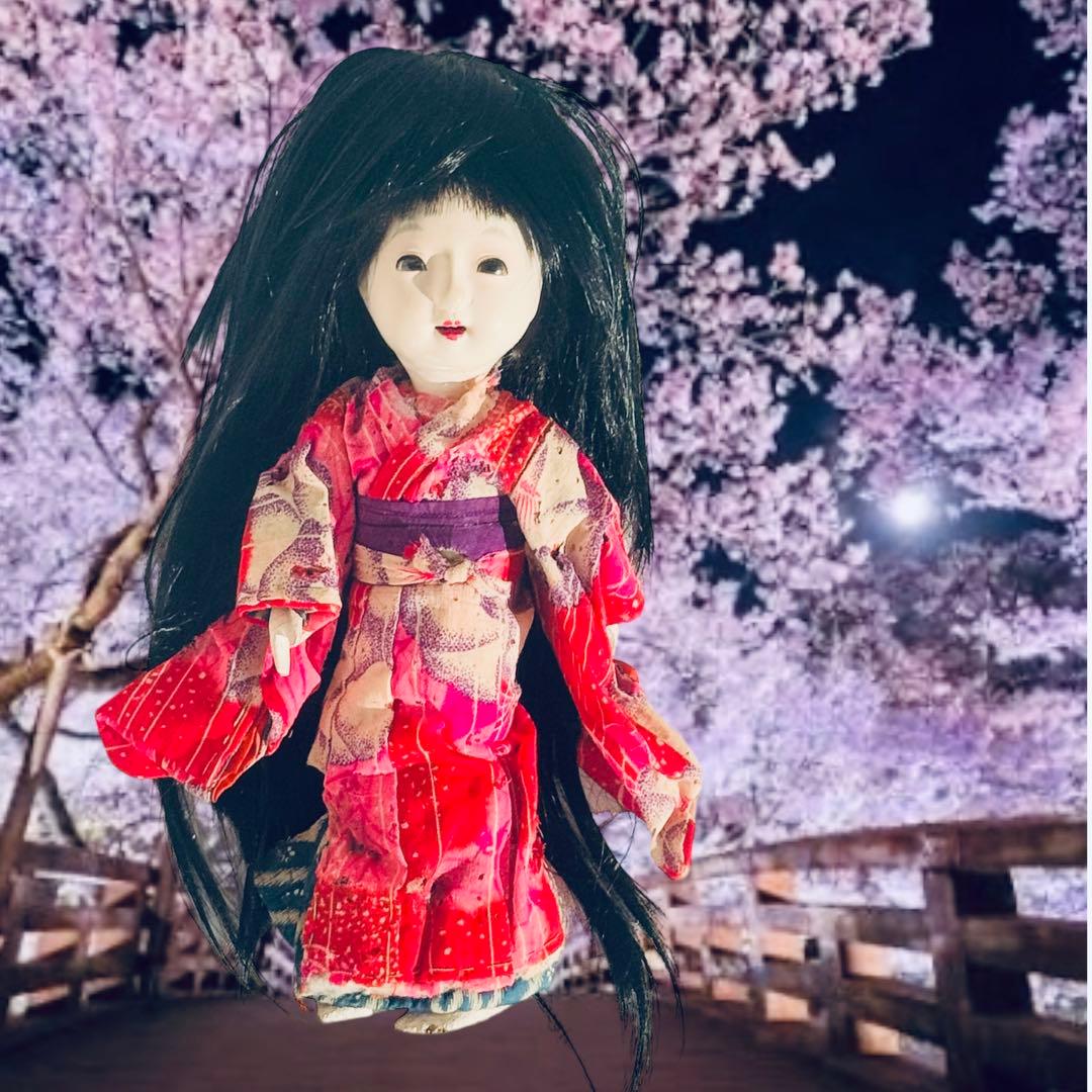 市松人形 明治後期 市印 朱印 三つ折れ 単色黒目 ガラス目 縮緬 着物 伝統工