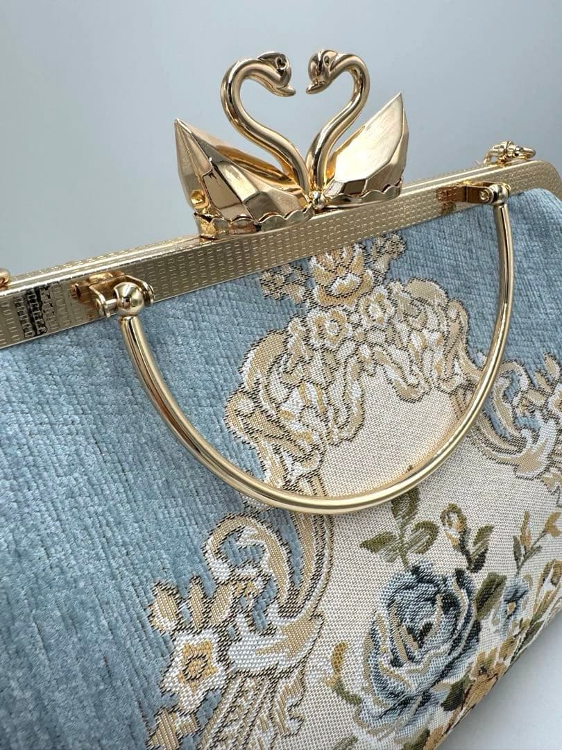 【ハンドメイド】がま口バッグ　白鳥 と薔薇　ヨーロッパ風　3way #478