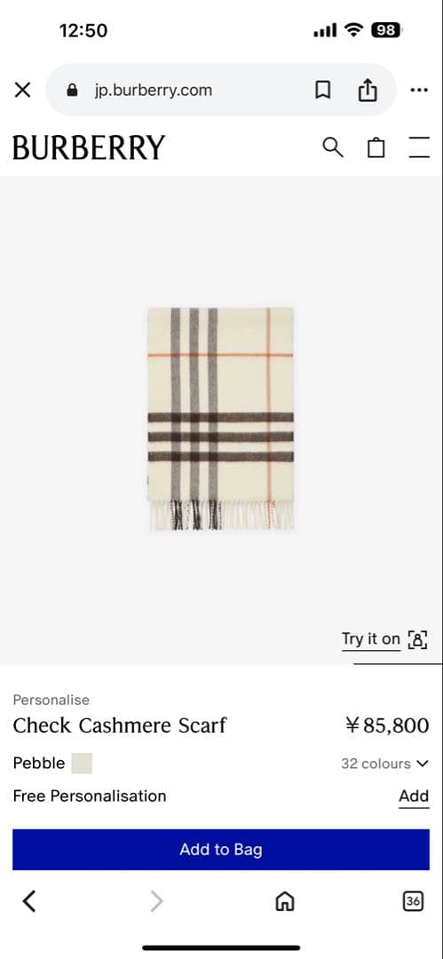 新品Burberry カシミヤスカーフ168x30