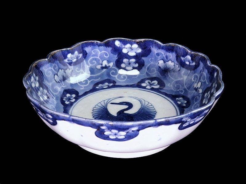 古伊万里　染付　墨弾き　梅花に舞鶴紋の図　膾皿　２客　E520AS-COd