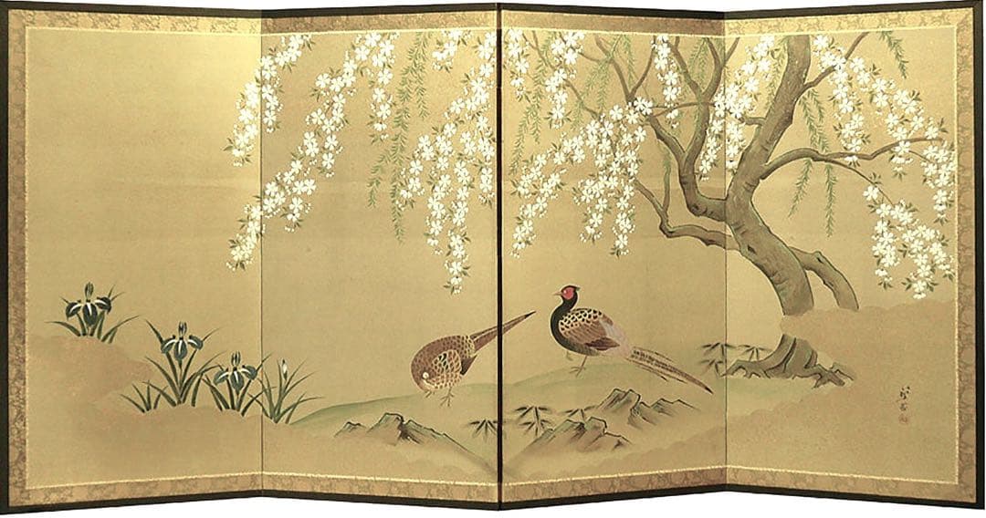 四つ折り屏風　日本画　絹本彩色　桜に雉