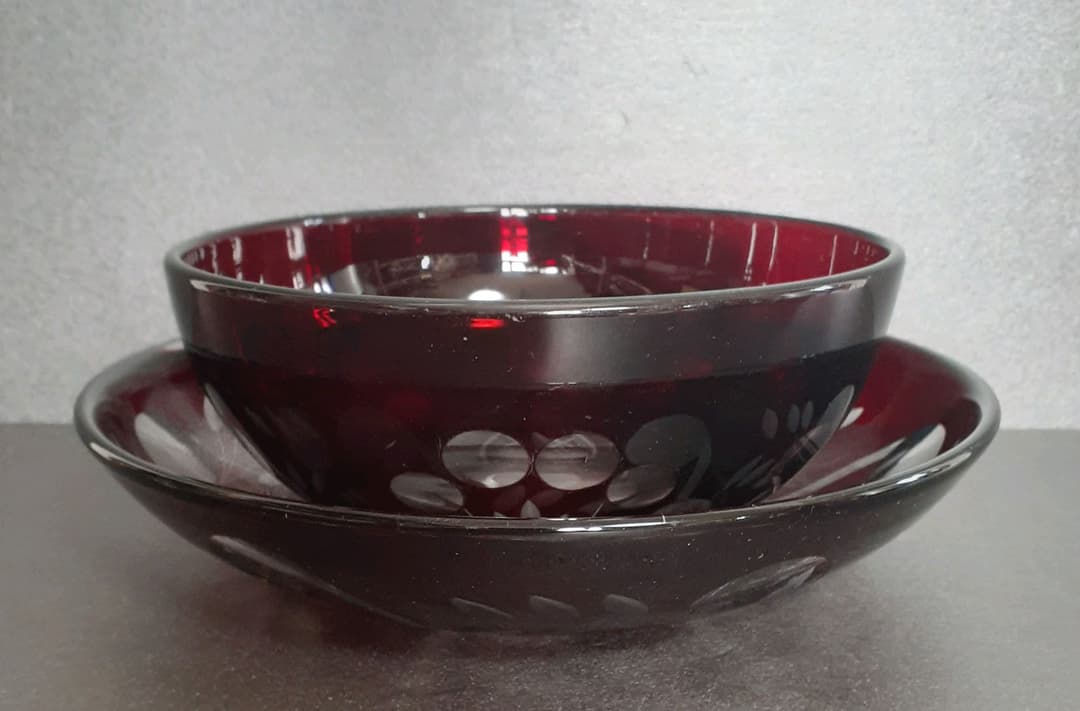 時代物　古硝子　赤被せガラス　切子　ボウル　鉢　2点　【昭和レトロ】No.3