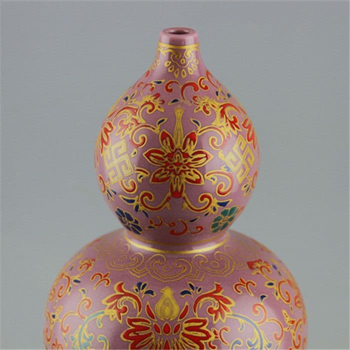 花柄の瓢簞は臙脂紅釉の琺瑯色 工芸品 美術品 置物