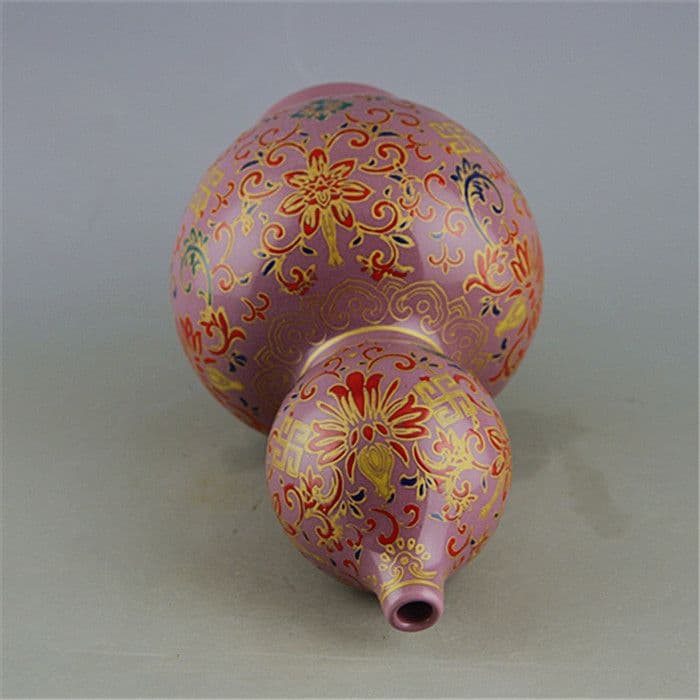 花柄の瓢簞は臙脂紅釉の琺瑯色 工芸品 美術品 置物