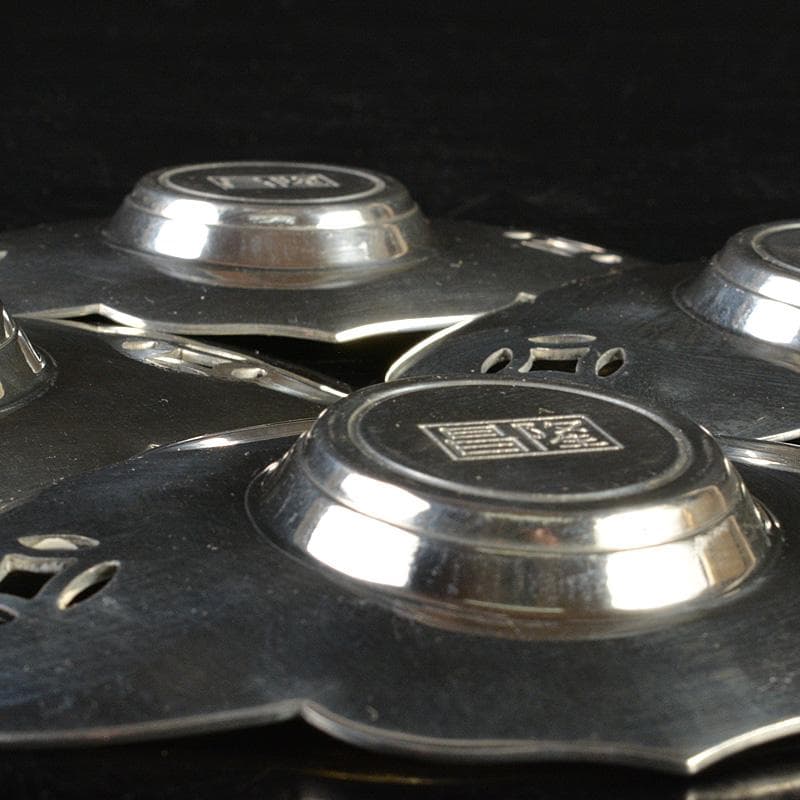 隆昌造　純錫　木瓜式　七宝透　茶托　五客　合計約292g　共箱　V　R7381