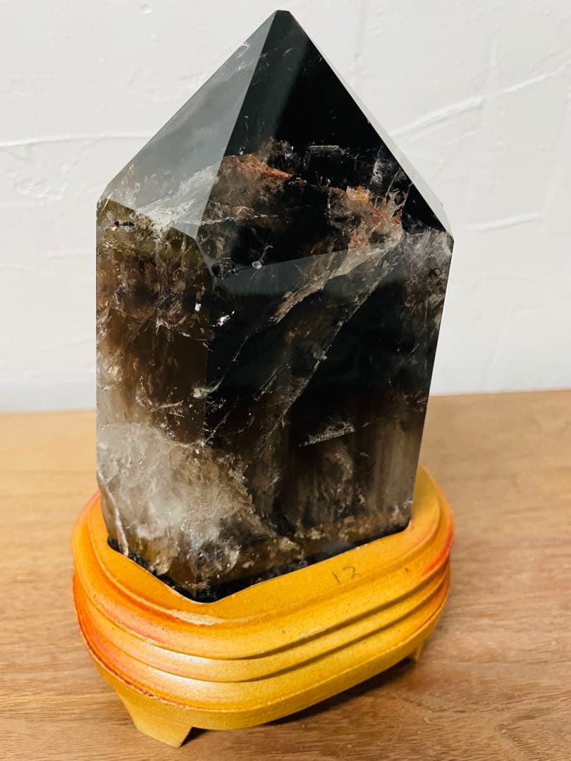 煙水晶 スモーキークォーツ 六角柱 約20cm 台座付き