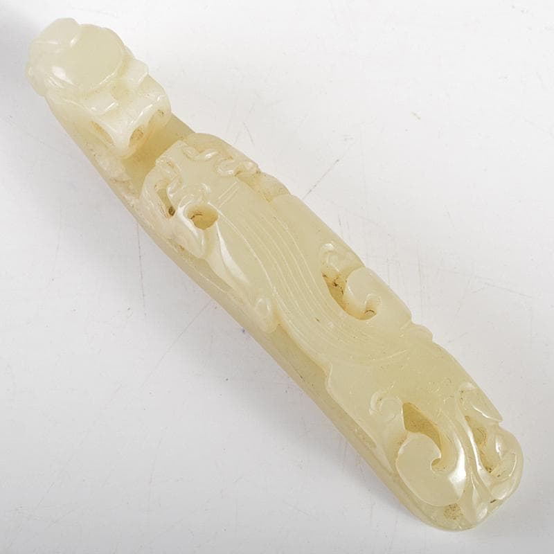 中国　玉石白玉彫刻　龍刻　帯鉤　筆架　置物　V　R7200