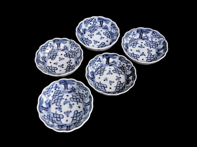 古伊万里　染付　七宝紋に梅の図　膾皿　５客　381AS-CAv